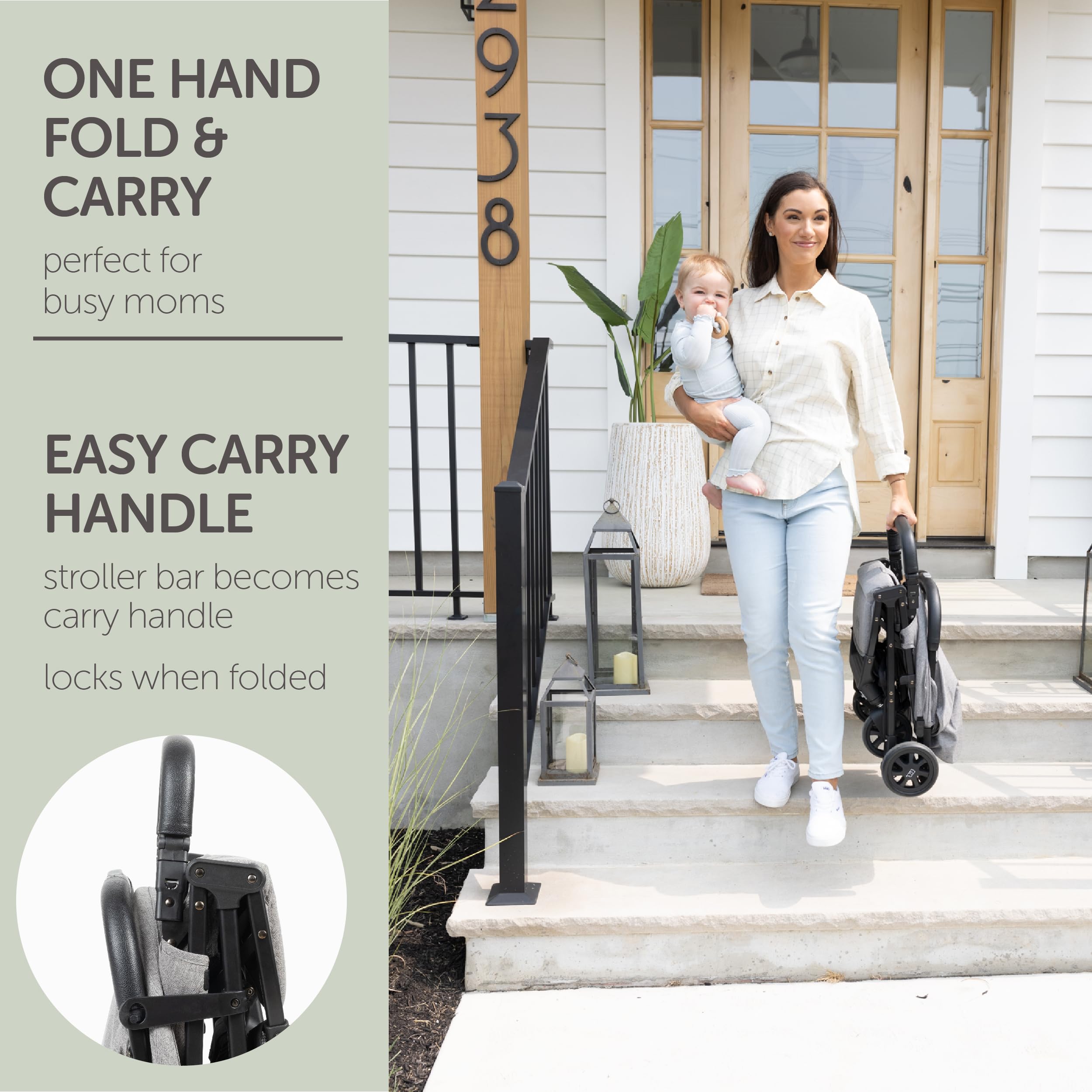 KOOLABABY grey travel stroller folded neatly for small-space storage.