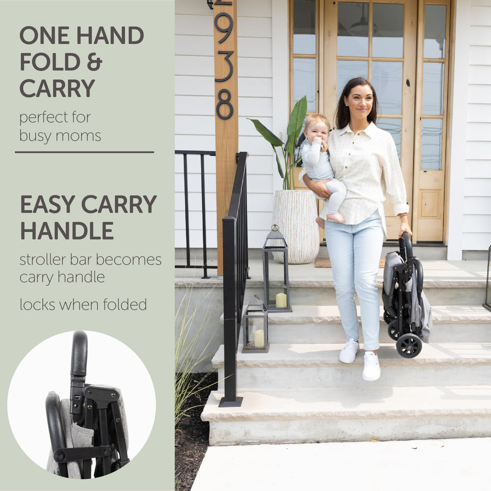 KOOLABABY grey travel stroller folded neatly for small-space storage.