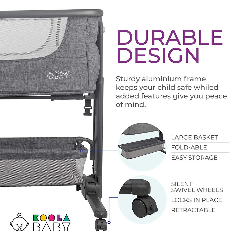 KoolerThings bassinet height-adjustable frame adapts to bed height for comfortable soothing