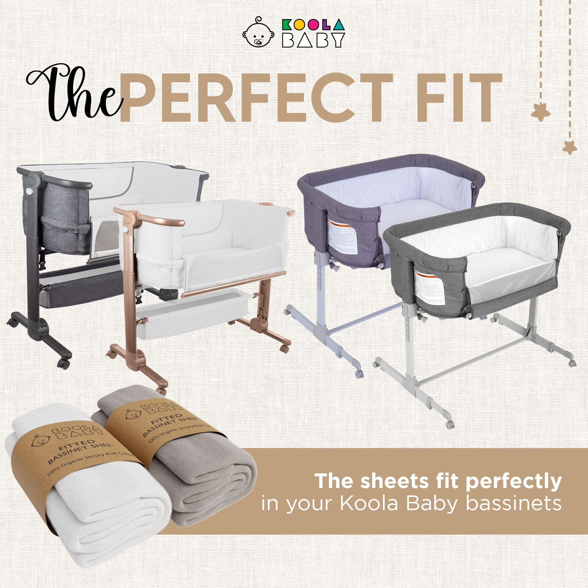 KoolerThings Bassinet Sheet on bedside sleeper illustrates easy fit with KoolaBaby and similar brands.