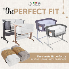 KoolerThings Bassinet Sheet on bedside sleeper illustrates easy fit with KoolaBaby and similar brands.