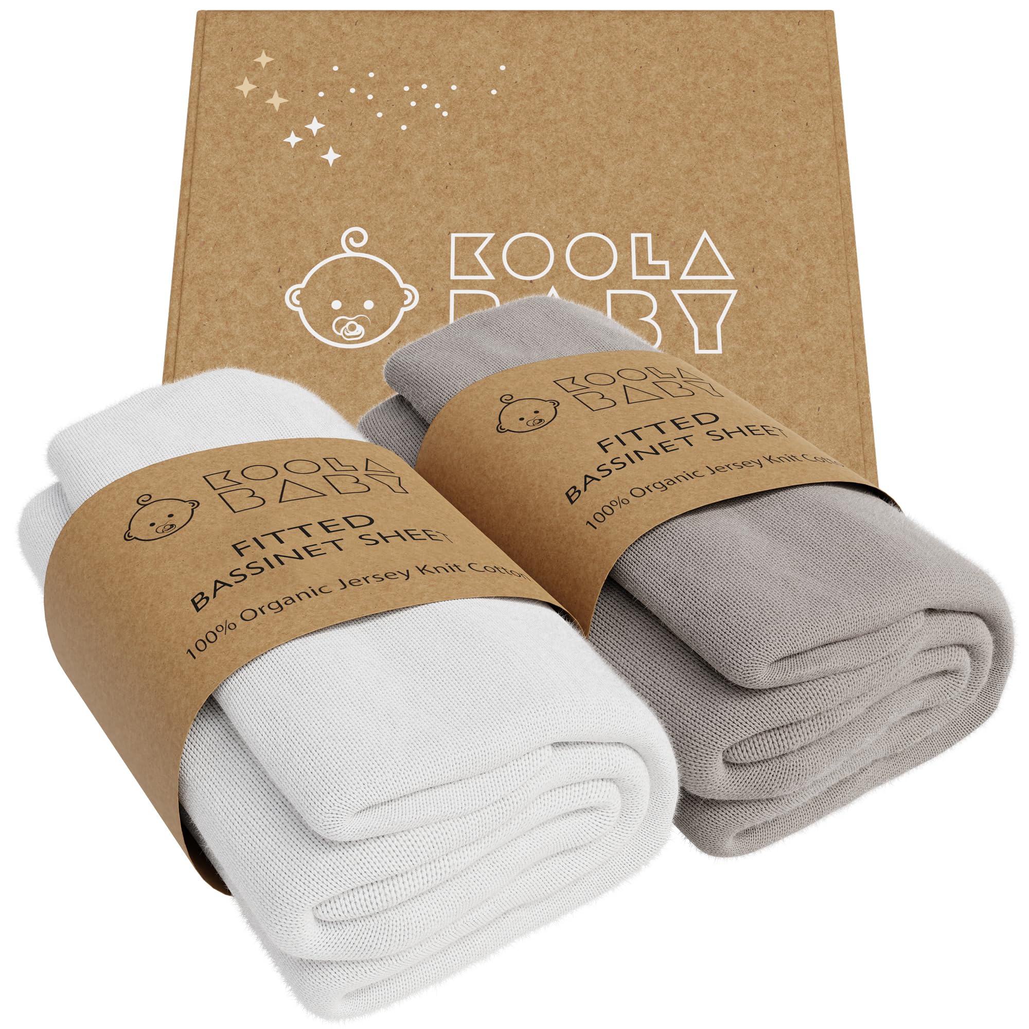 KoolerThings Bassinet Sheet two-pack display emphasizes value and lasting softness.