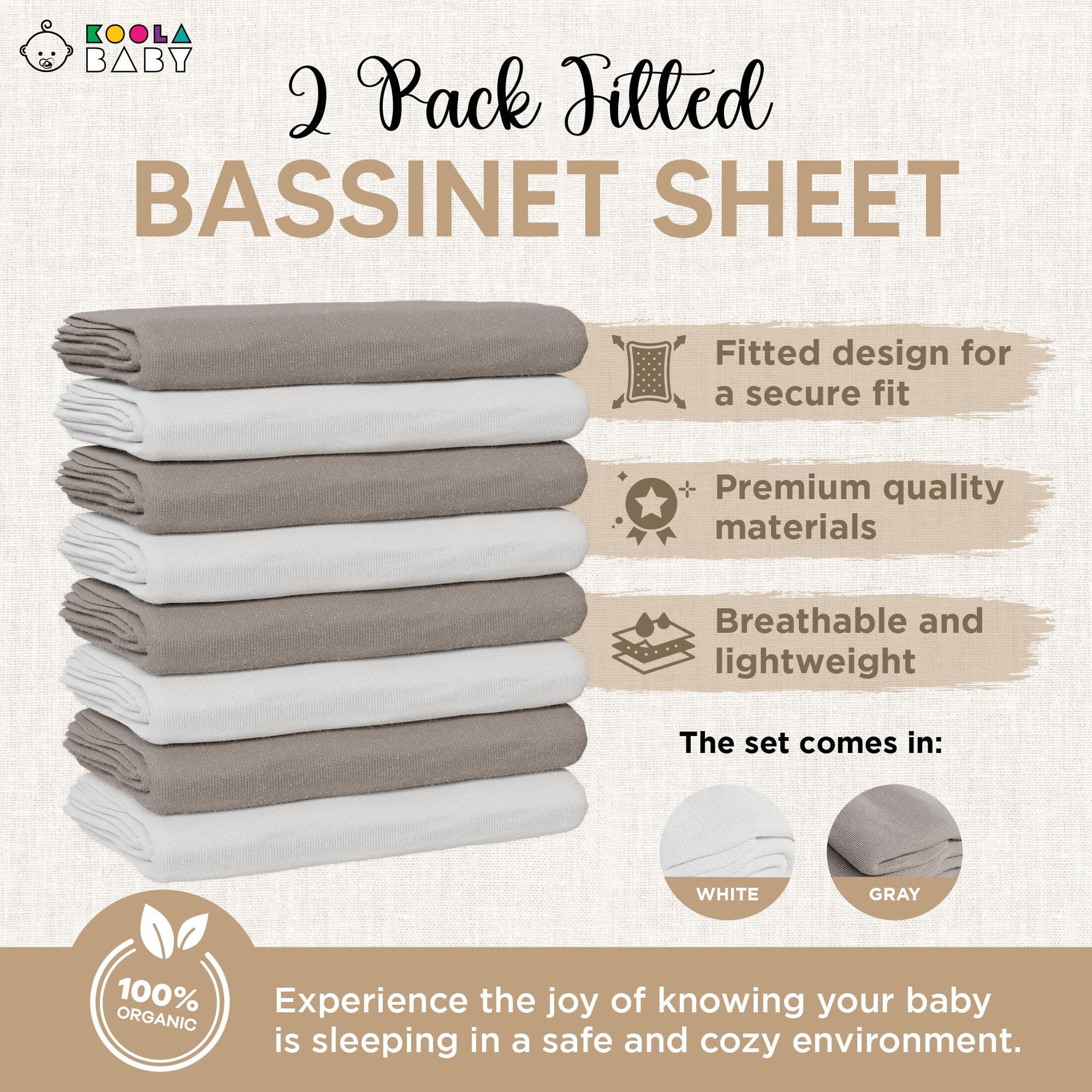 KoolerThings Bassinet Sheet universal-fit diagram highlights 33x20 size for oval or rectangular bassinets.