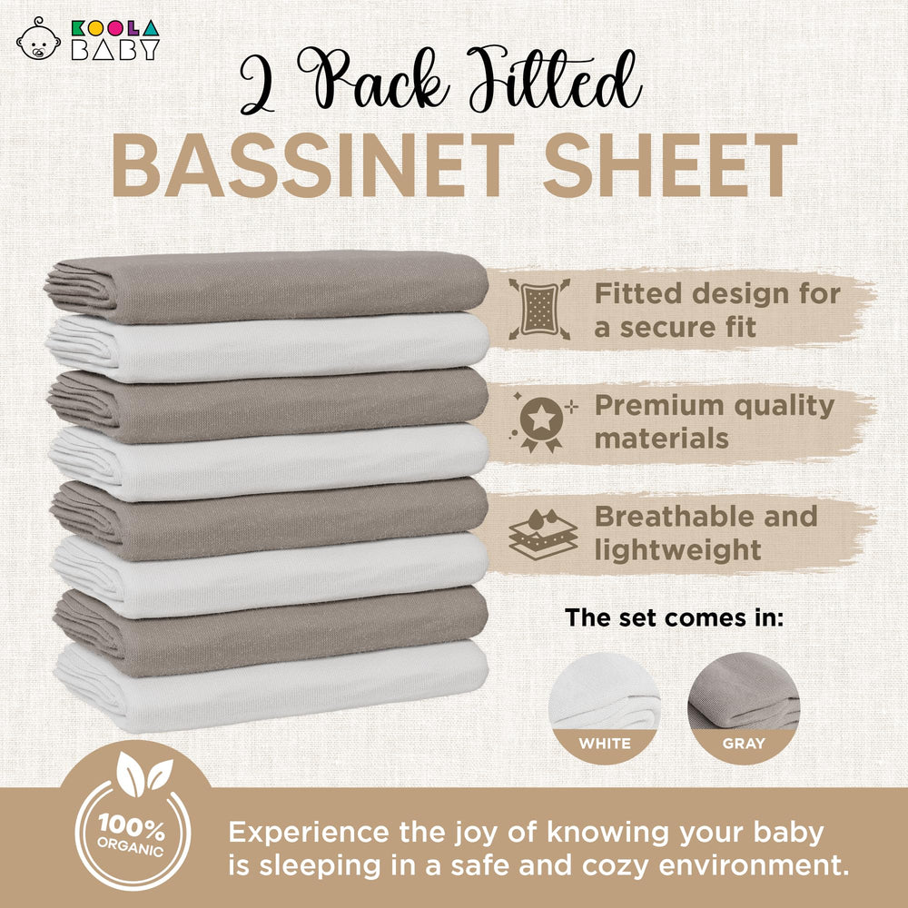 KoolerThings Bassinet Sheet universal-fit diagram highlights 33x20 size for oval or rectangular bassinets.