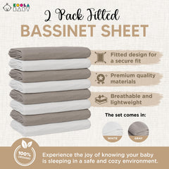 KoolerThings Bassinet Sheet universal-fit diagram highlights 33x20 size for oval or rectangular bassinets.