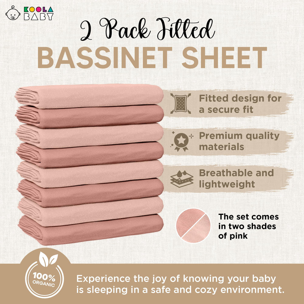 KoolerThings bassinet sheets in light pink and dark pink colorway in nursery