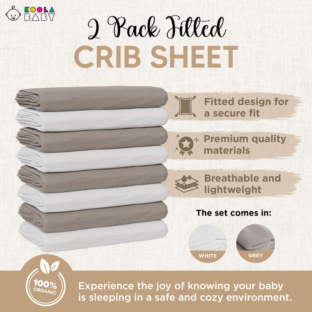 KoolerThings crib sheets organic jersey white-grey flatlay, 52x28 size supports standard crib mattress.