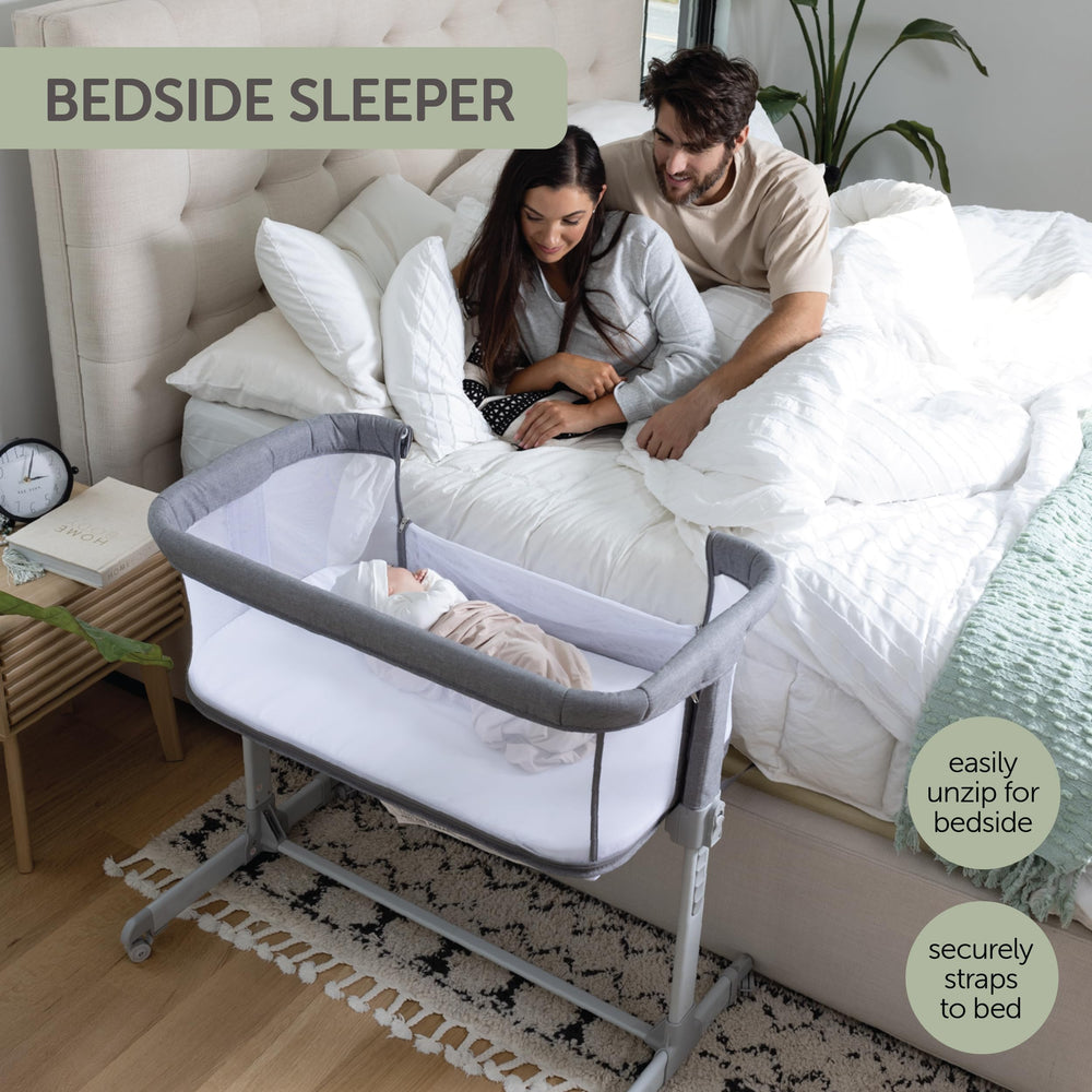 KoolaBaby bassinet with wheels and brakes allows safe, quiet movement on floors.