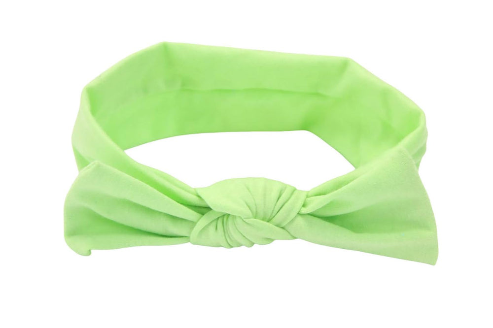 Koolgil baby bowknot headband in light green; soft cotton and gentle stretch for comfort.