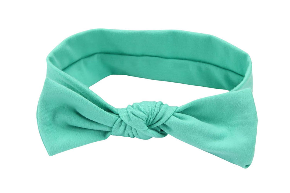 Koolgil bowknot headband turquoise closeup showing soft cotton comfort for newborns