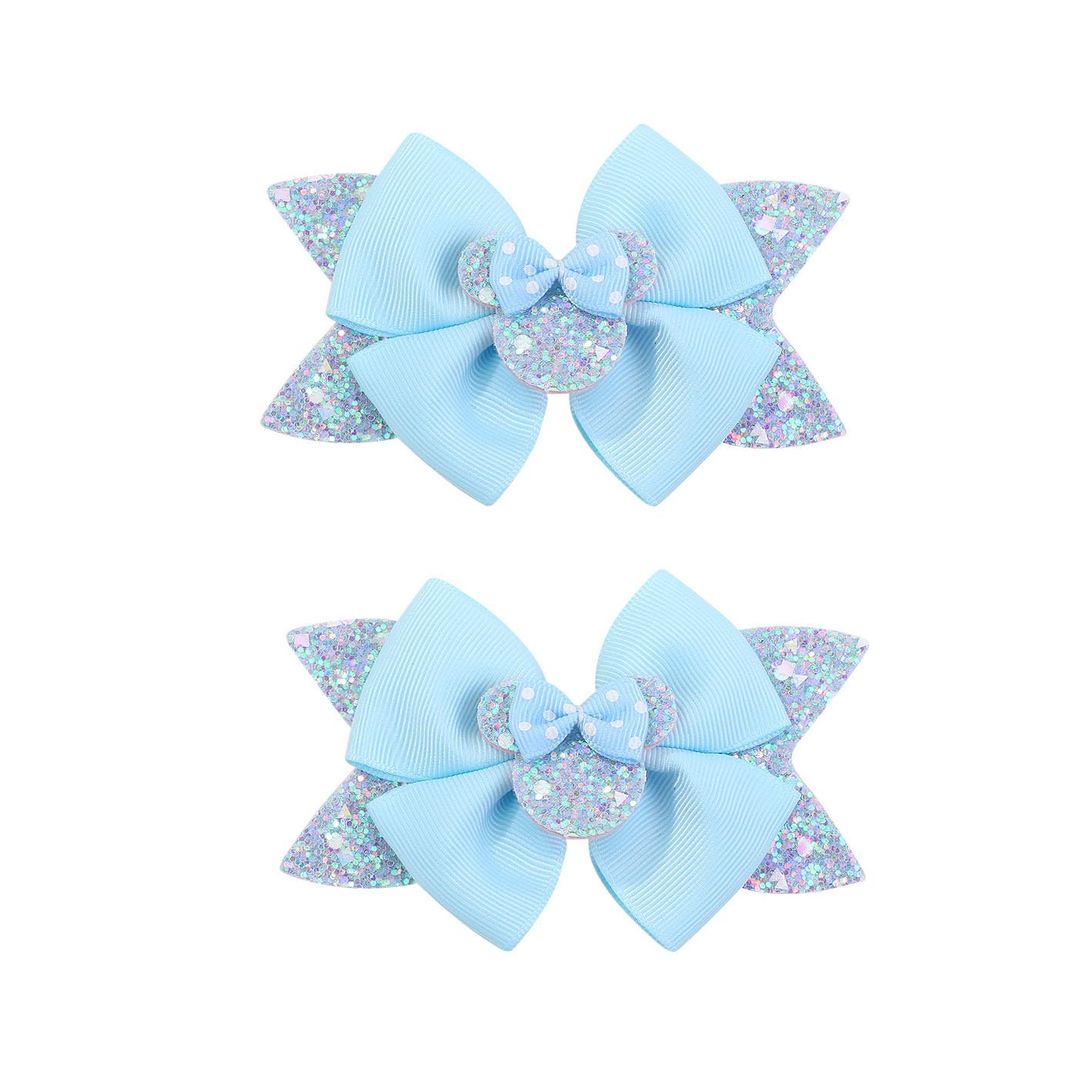 Koolgil mouse-ears sequin bow hair clip in sky blue, secure hold for thin hair.