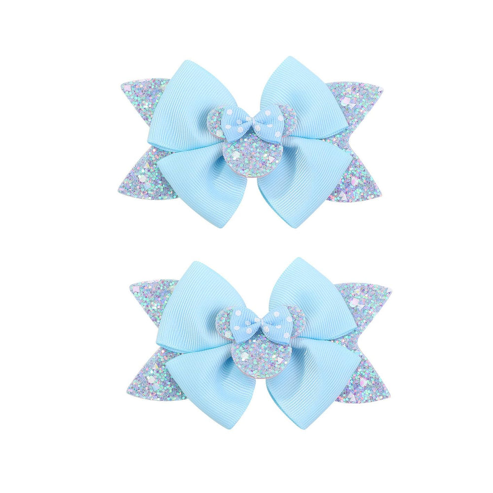 Koolgil mouse-ears sequin bow hair clip in sky blue, secure hold for thin hair.