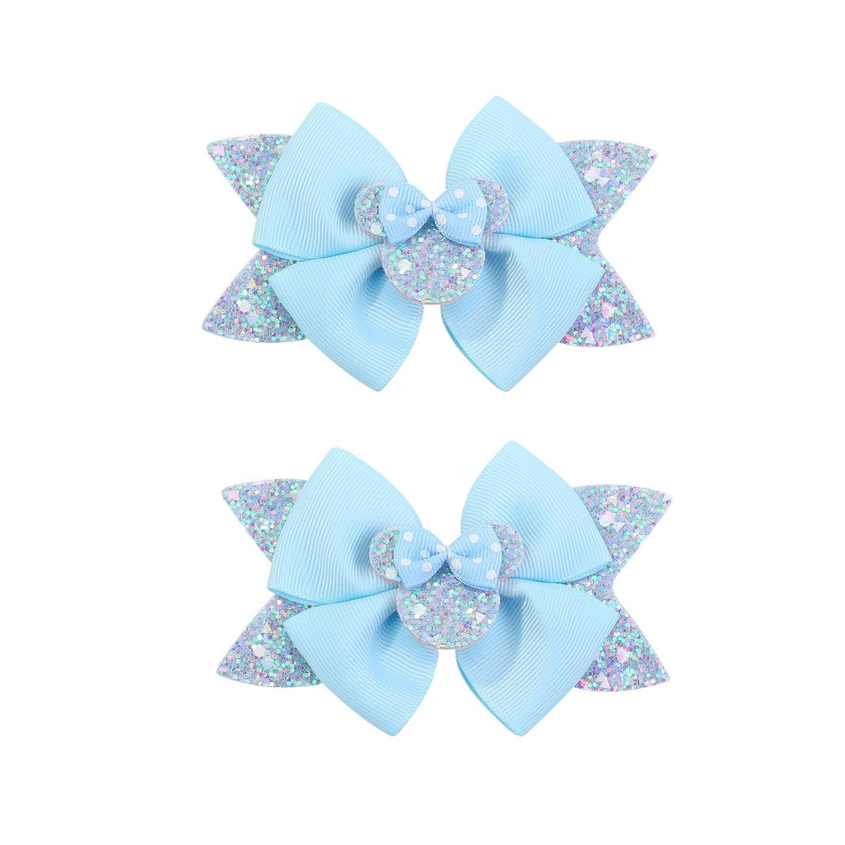 Koolgil mouse-ears sequin bow hair clip in sky blue, secure hold for thin hair.
