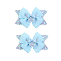 Koolgil mouse-ears sequin bow hair clip in sky blue, secure hold for thin hair.