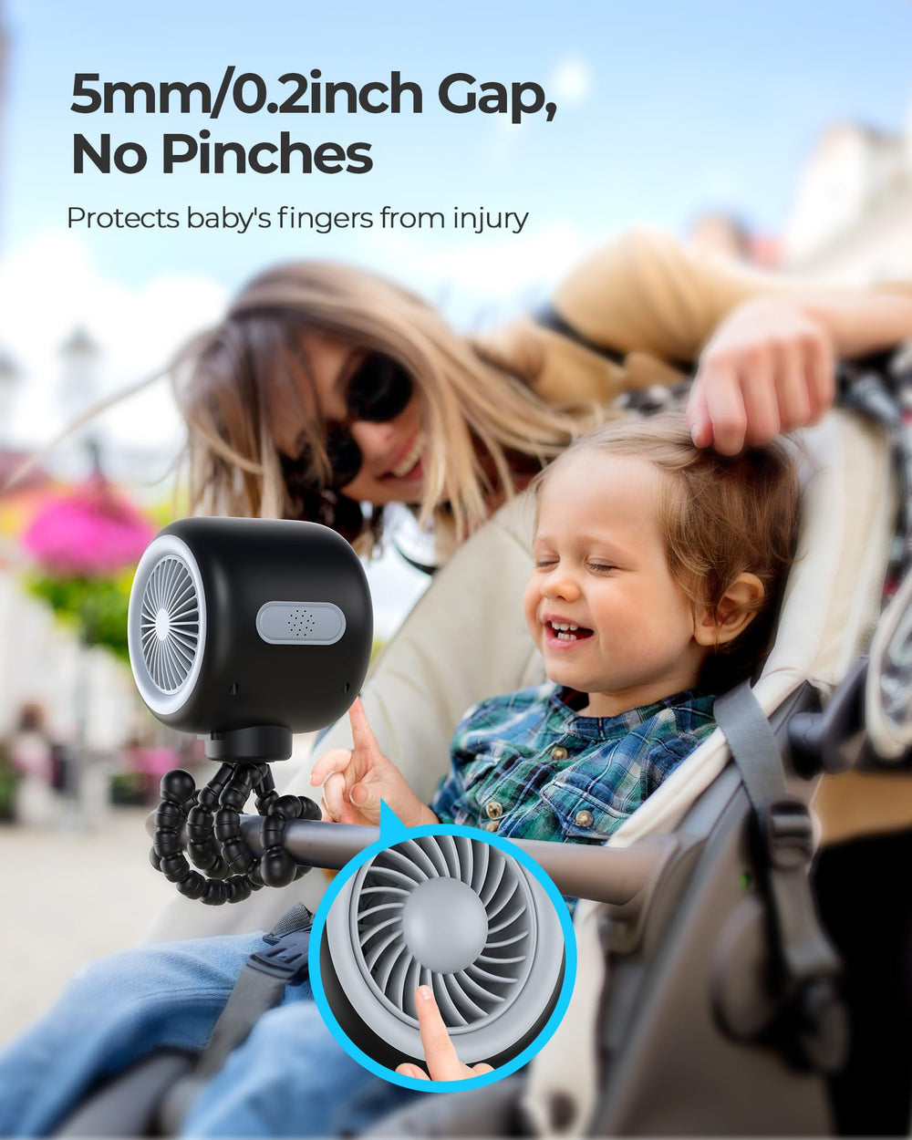 Koonie flexible tripod on car seat for secure adjustable airflow.