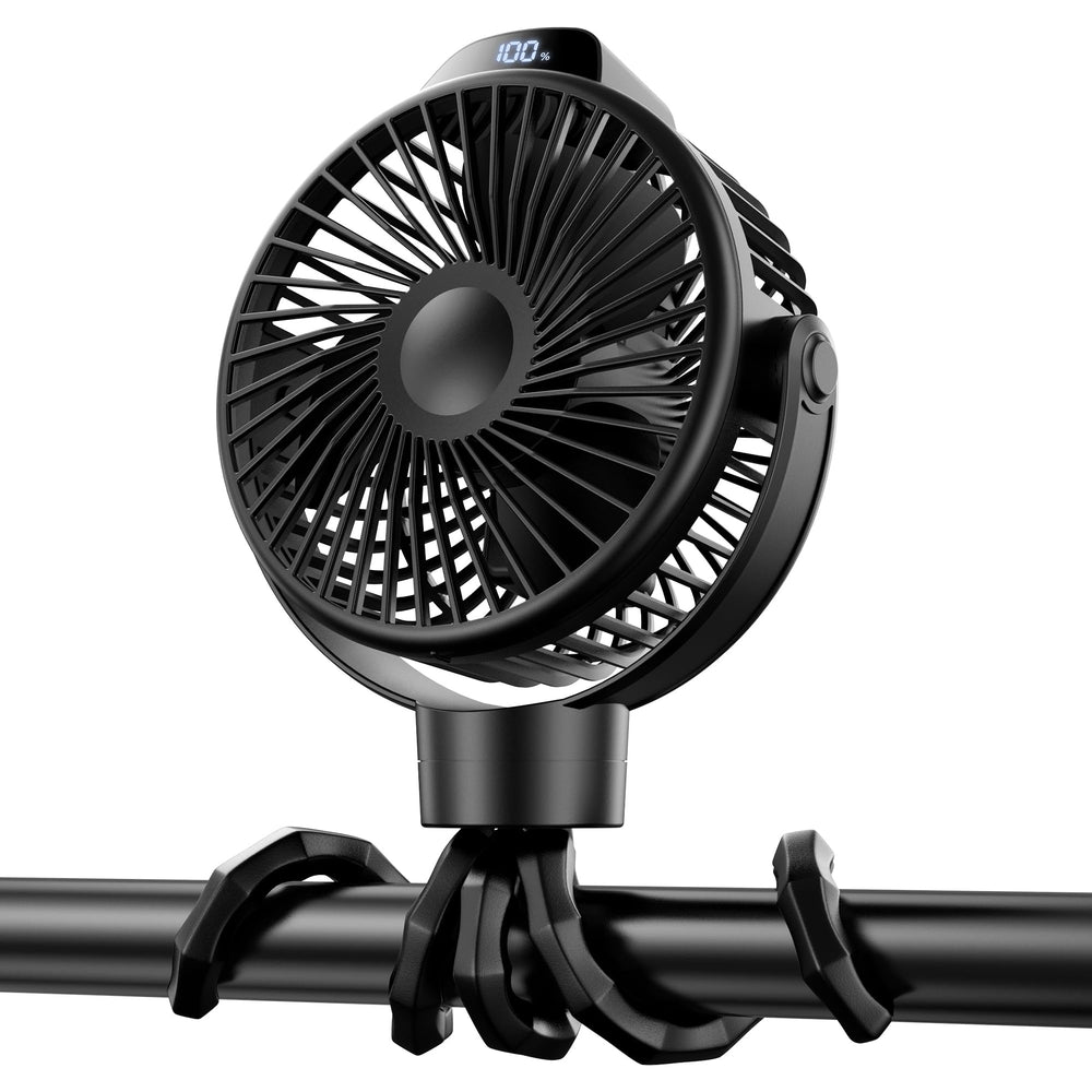 Koonie portable stroller fan with 360° rotation for targeted cooling on the go.