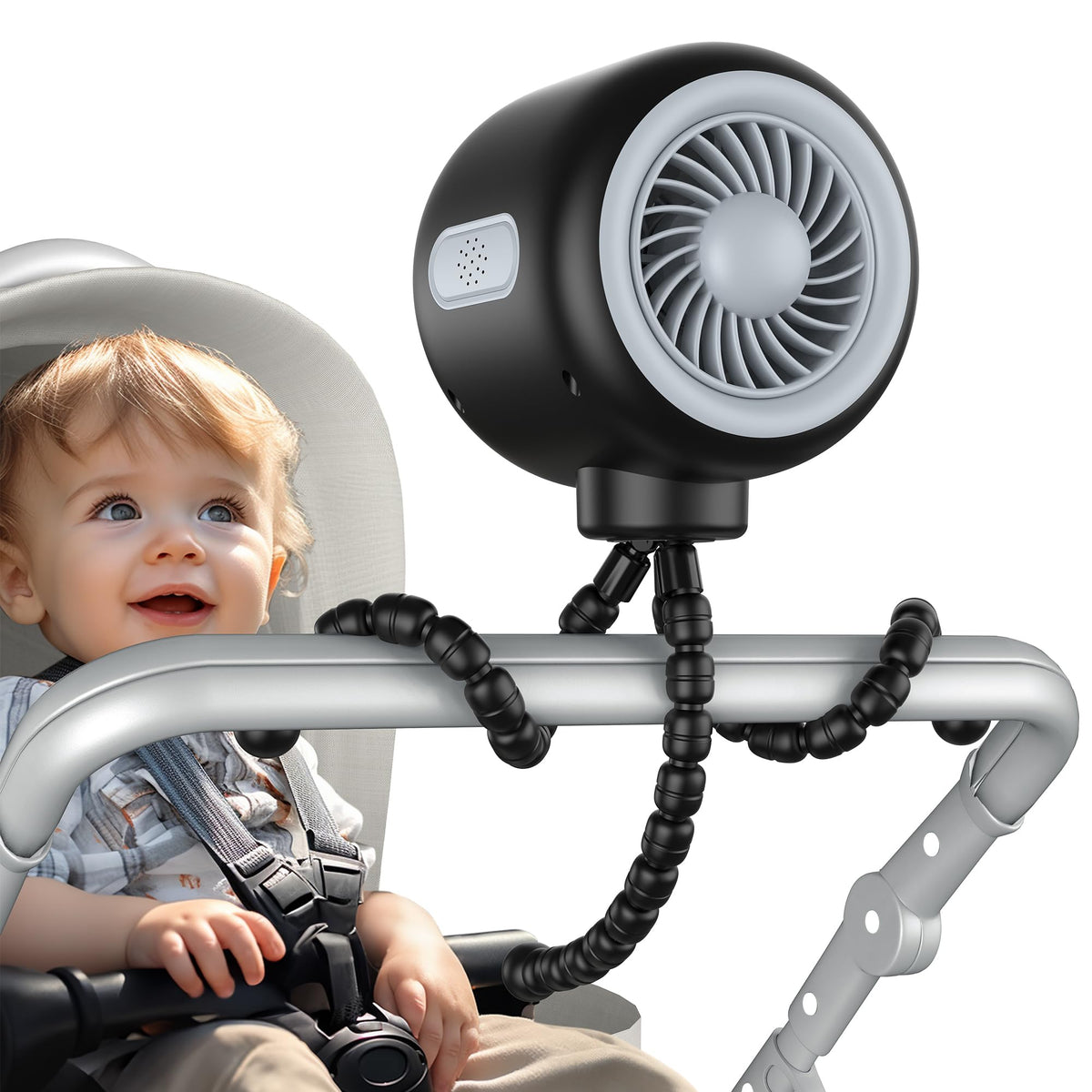 Koonie portable stroller fan with tripod clip for crib or stroller cooling.