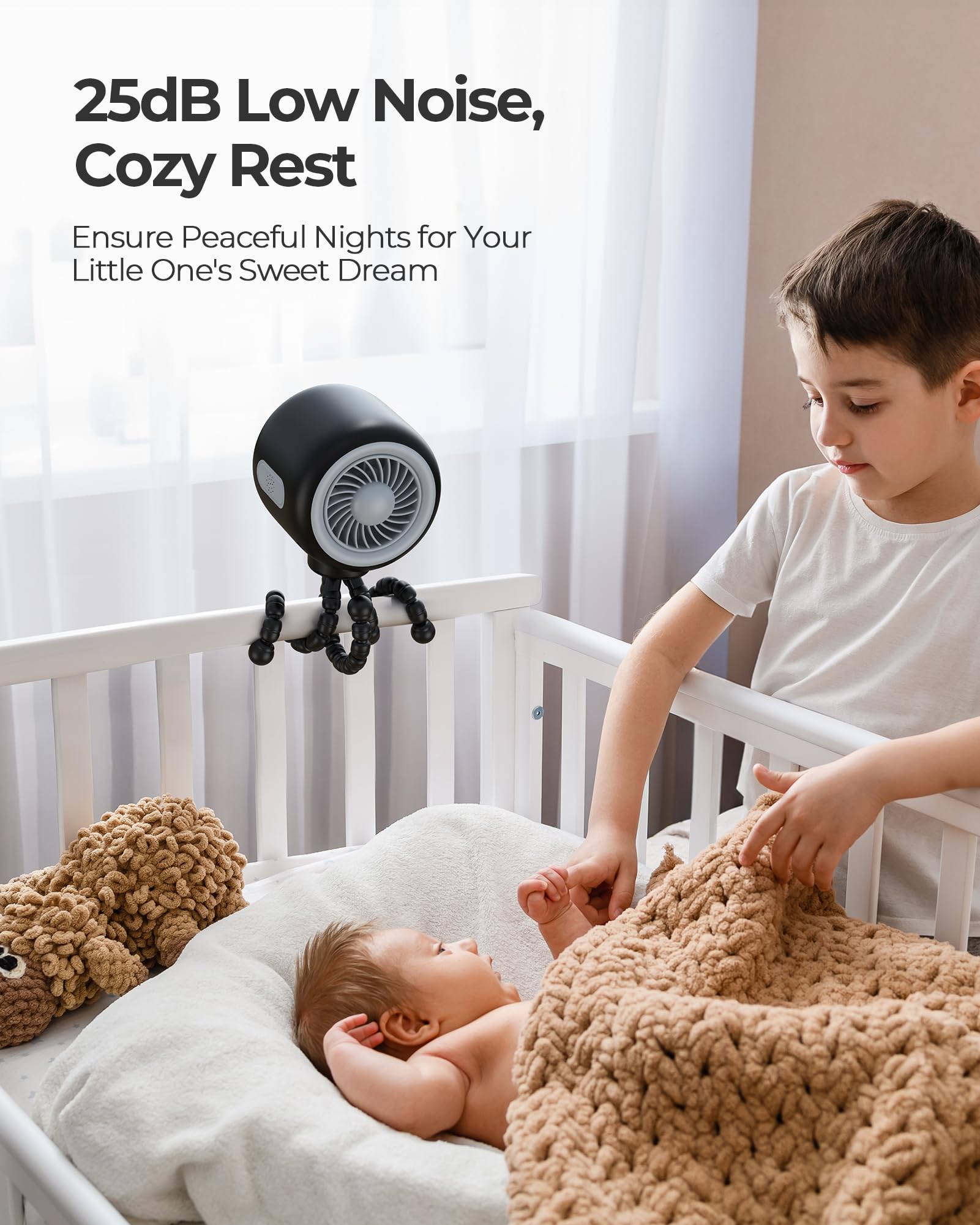 Koonie rechargeable fan with 2000mAh battery for all-day travel use.