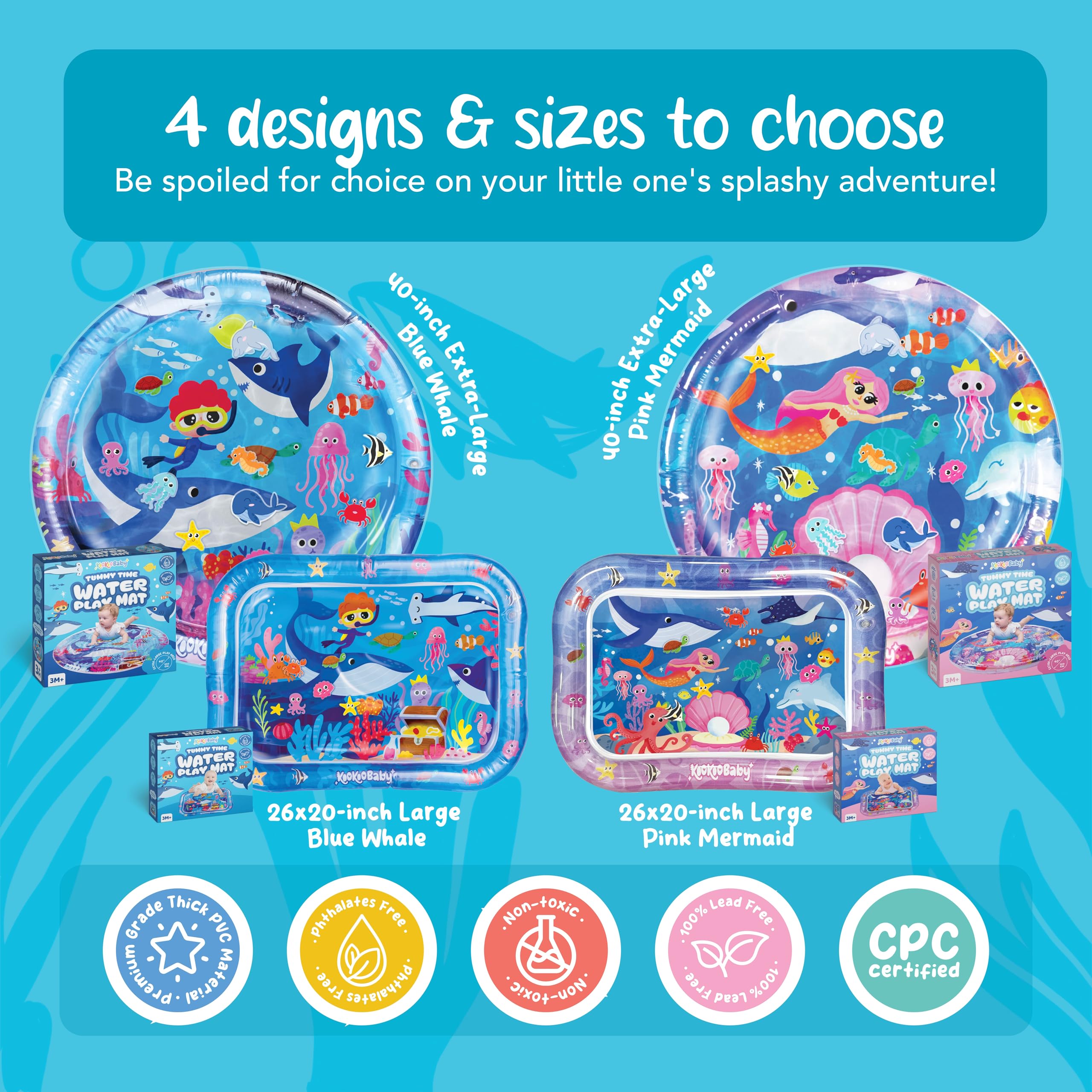 KooKooBaby durable leak-proof mat highlights thick PVC and leak resistance during water play.