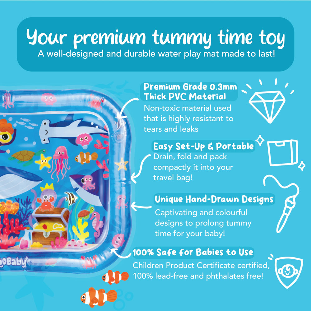 KooKooBaby water tummy time mat designed for babies 3 months and up.
