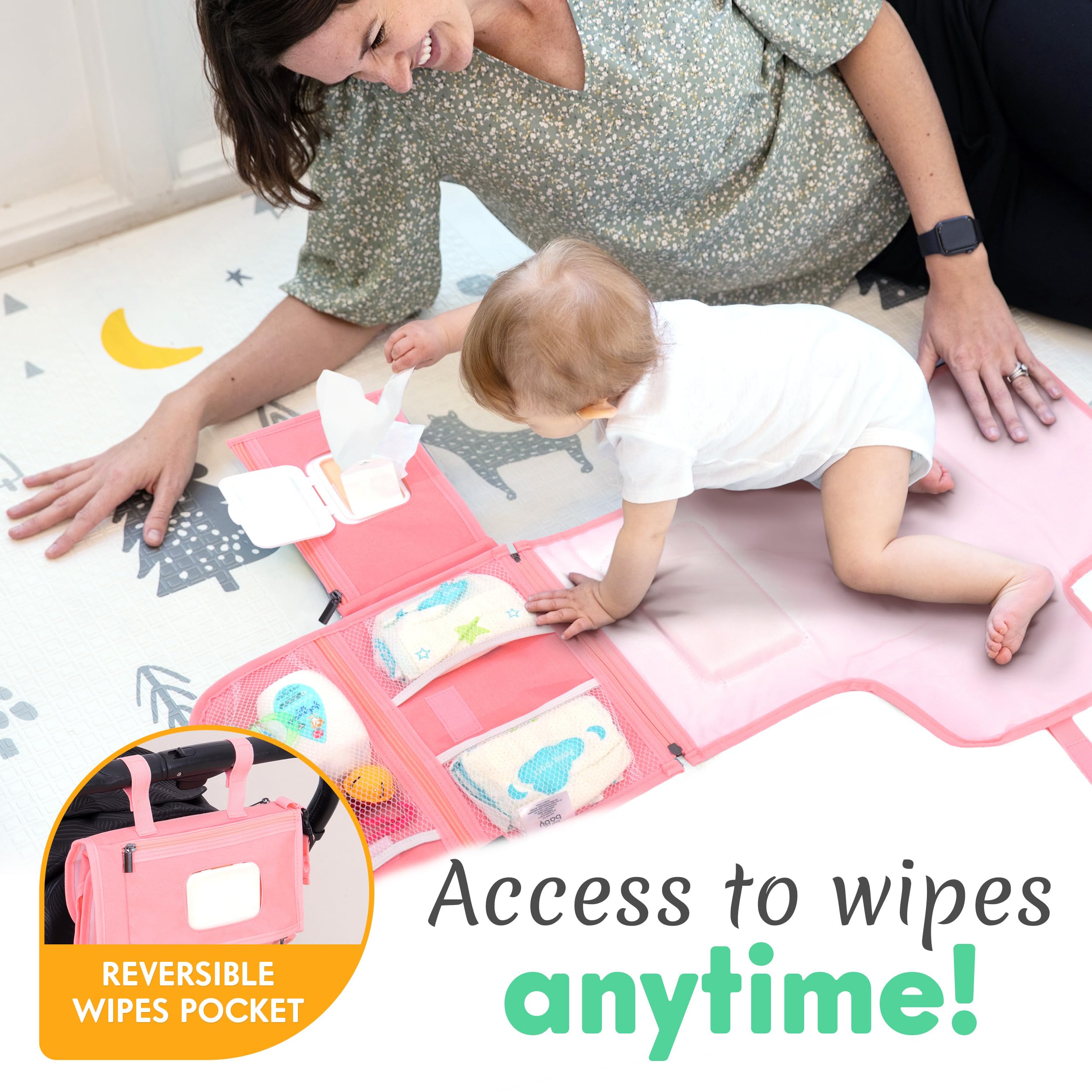 Kopi Baby travel bag front pocket stores baby essentials for quick changes.