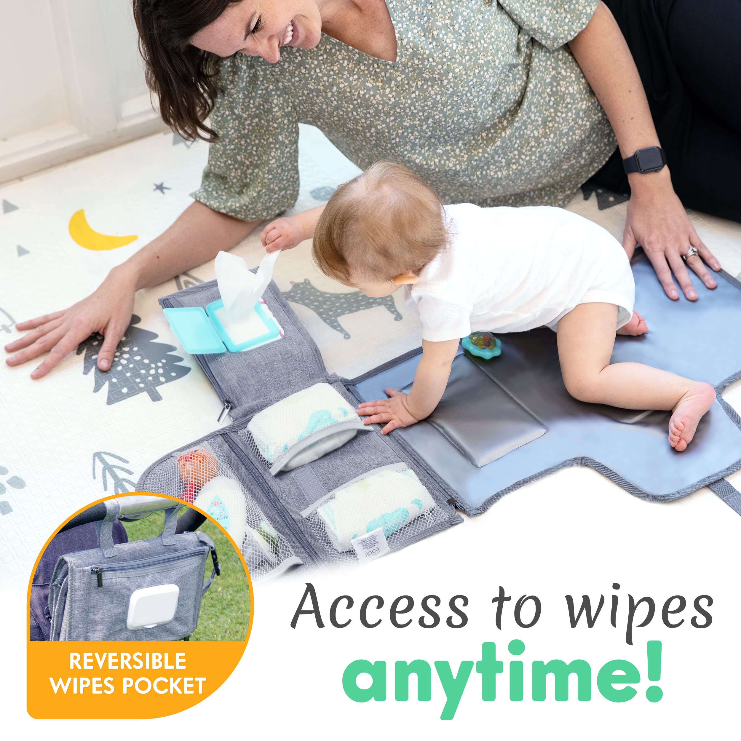 Kopi Baby portable changing pad double-pocket storage keeps essentials organized.