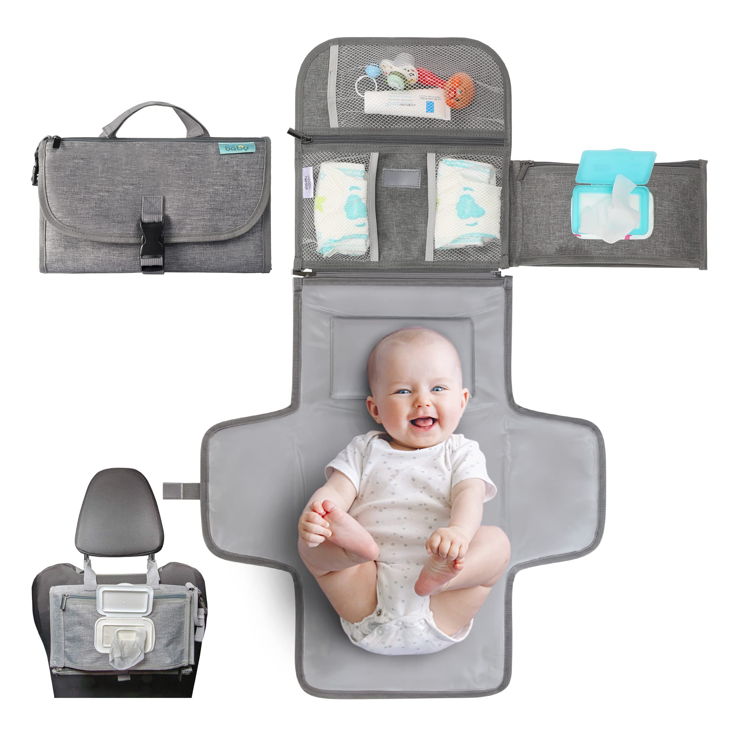 Kopi Baby portable changing pad folded gray for compact travel on the go.