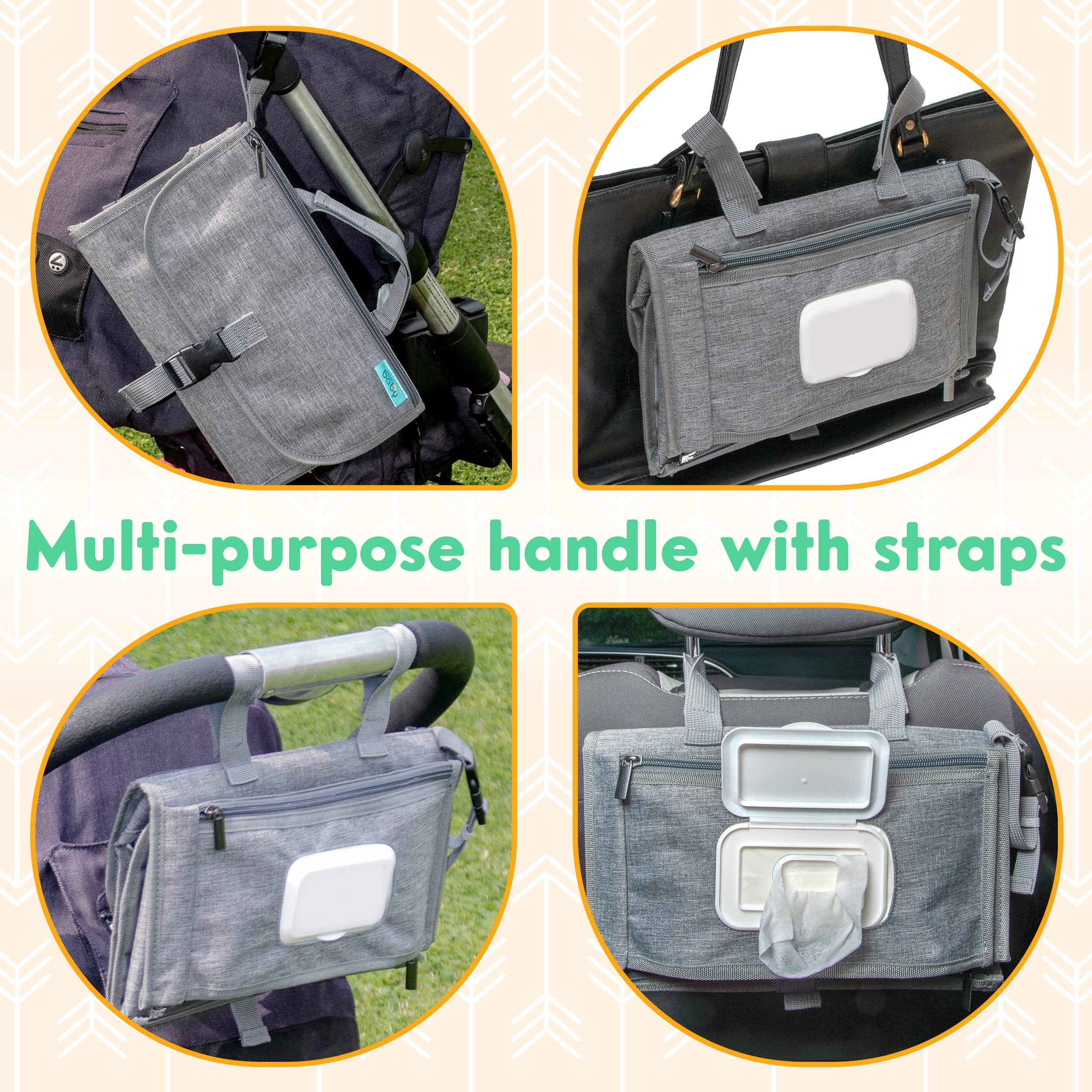 Kopi Baby portable changing pad with stroller attachment for easy transport.