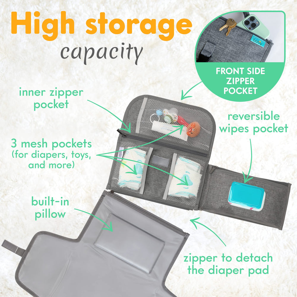 Kopi Baby portable changing pad wipe pocket open for quick diaper access in public spaces.
