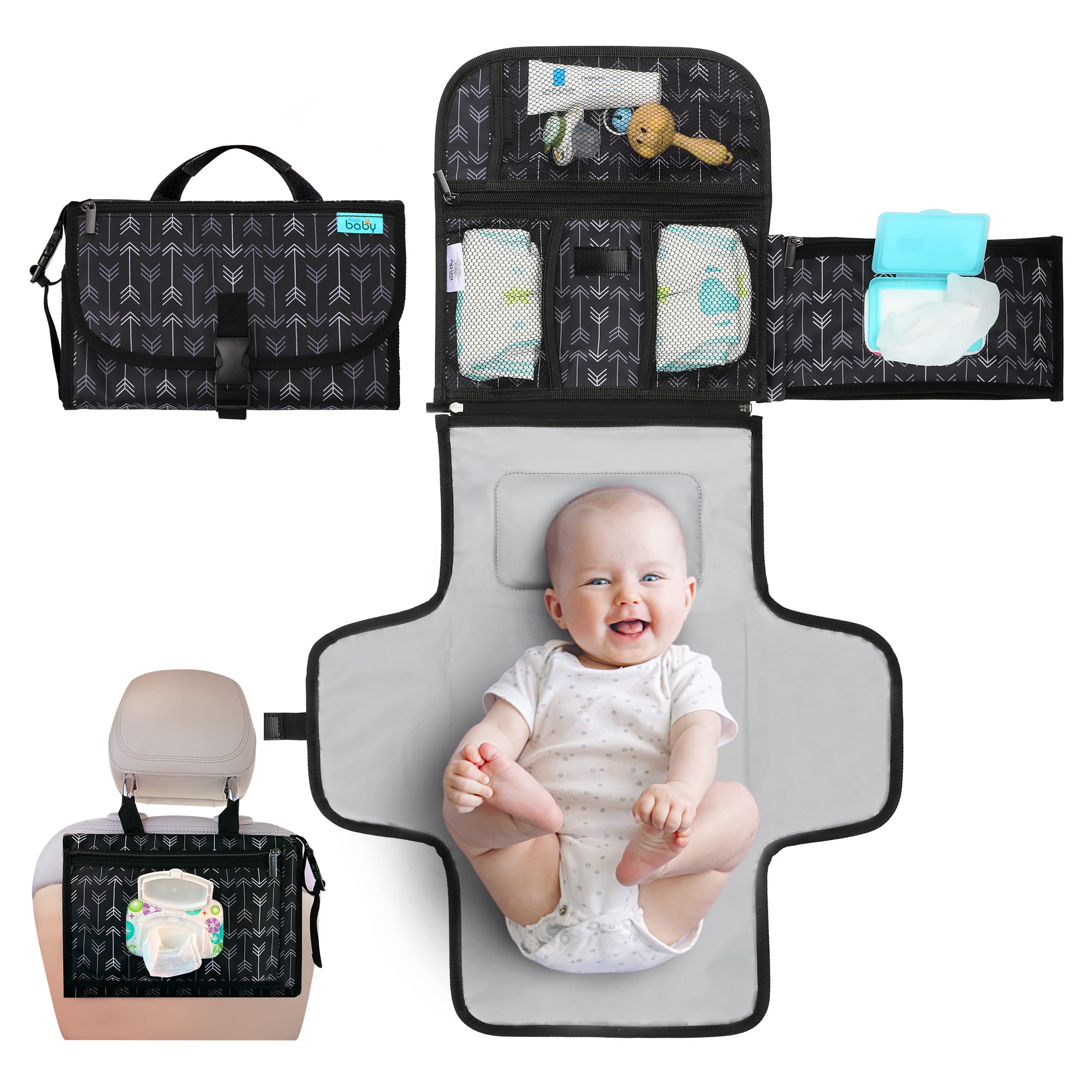 Kopi Baby portable diaper changing pad front view demonstrates a compact travel-ready surface for on-the-go changes.
