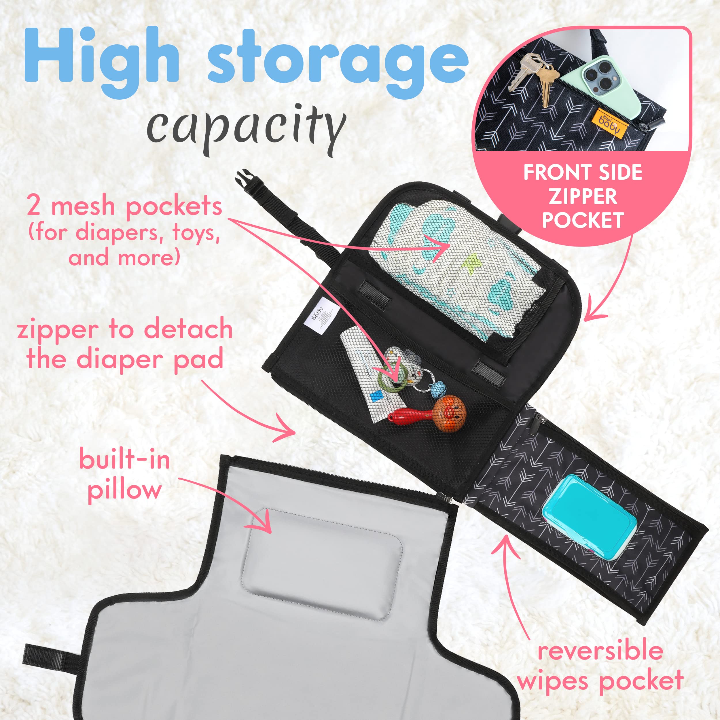Kopi Baby portable diaper changing pad open with pillow showing comfortable surface.
