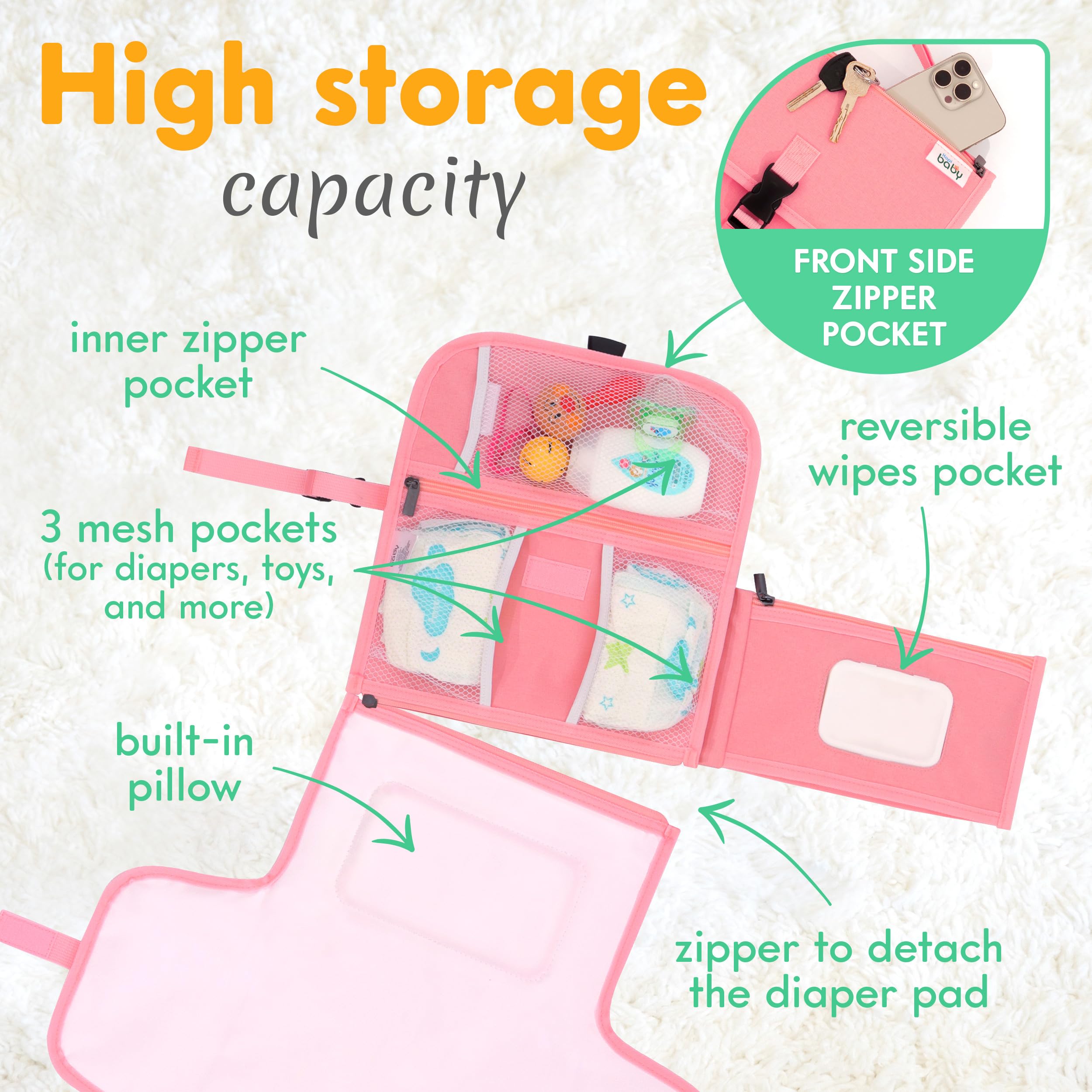 Kopi Baby portable diaper changing pad open showing built-in pillow for comfortable changes.