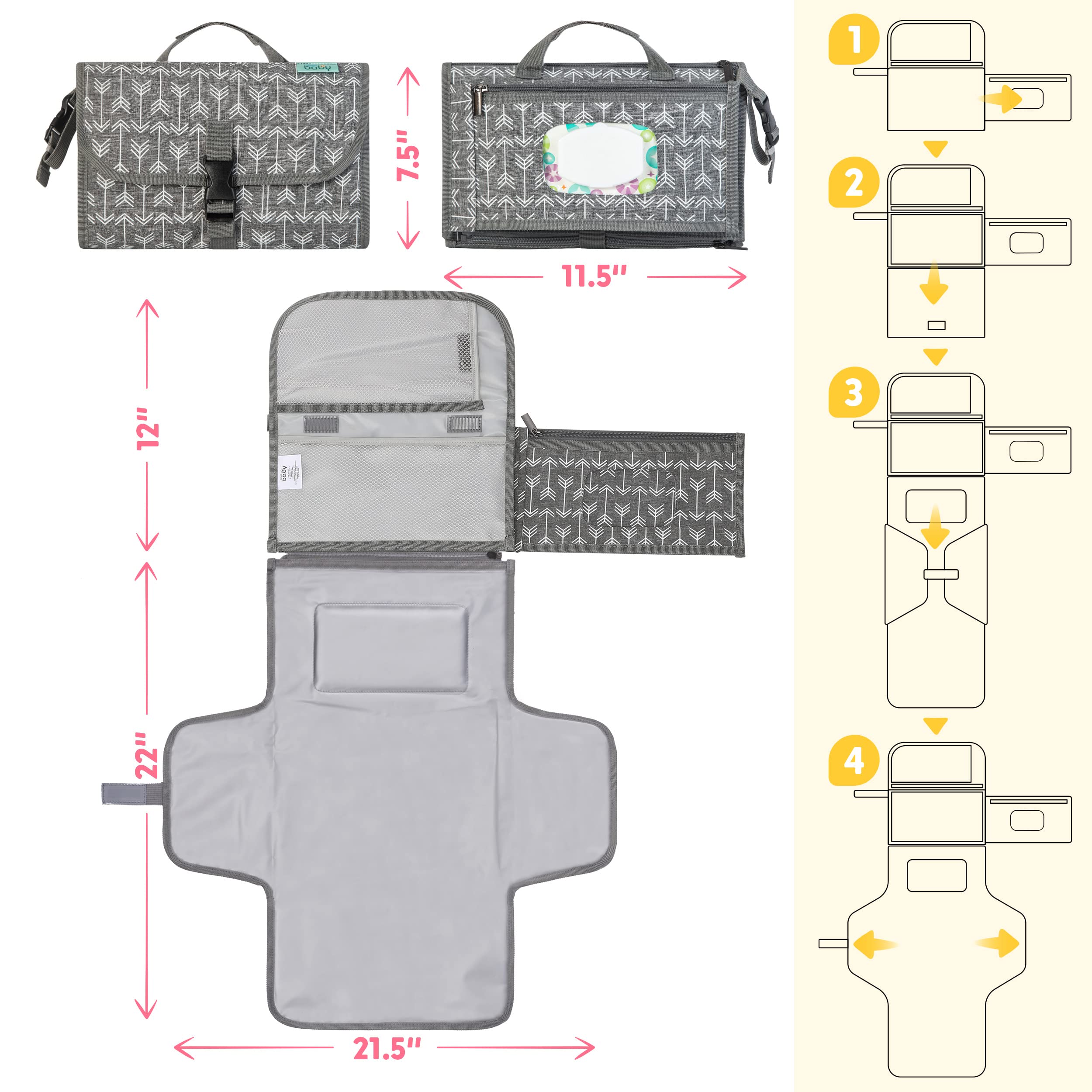 Kopi Baby portable changing pad pillow inside offers baby comfort during changes.