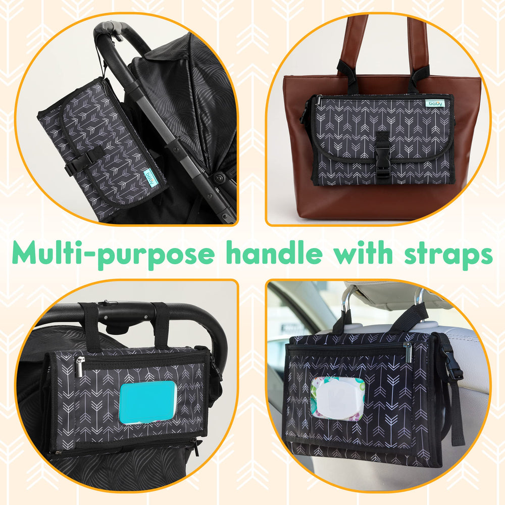 Kopi Baby portable diaper changing pad with reversible wipe holder ensures easy wipe access on the move.