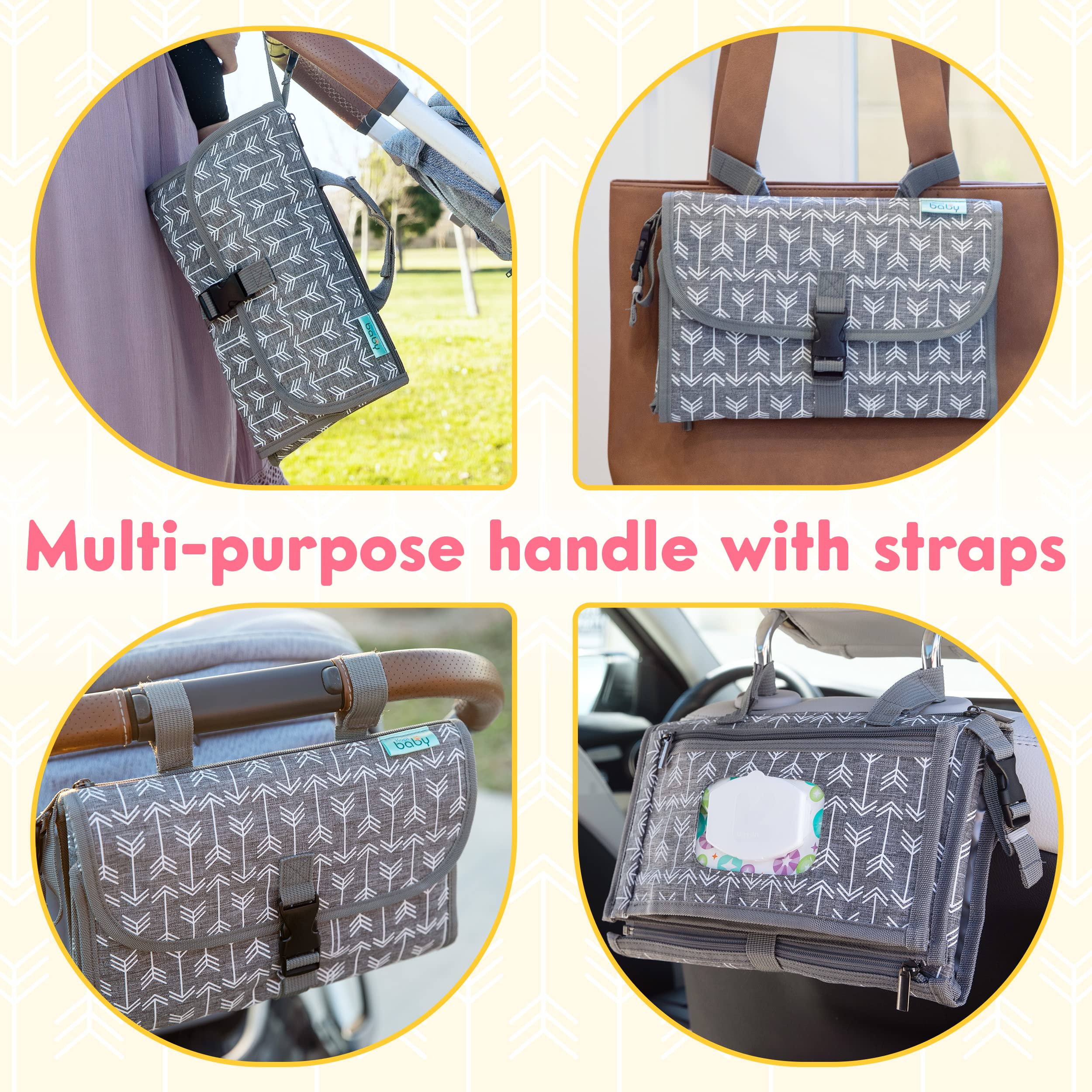 Kopi Baby changing pad attached to stroller with straps for easy on-the-go changes.