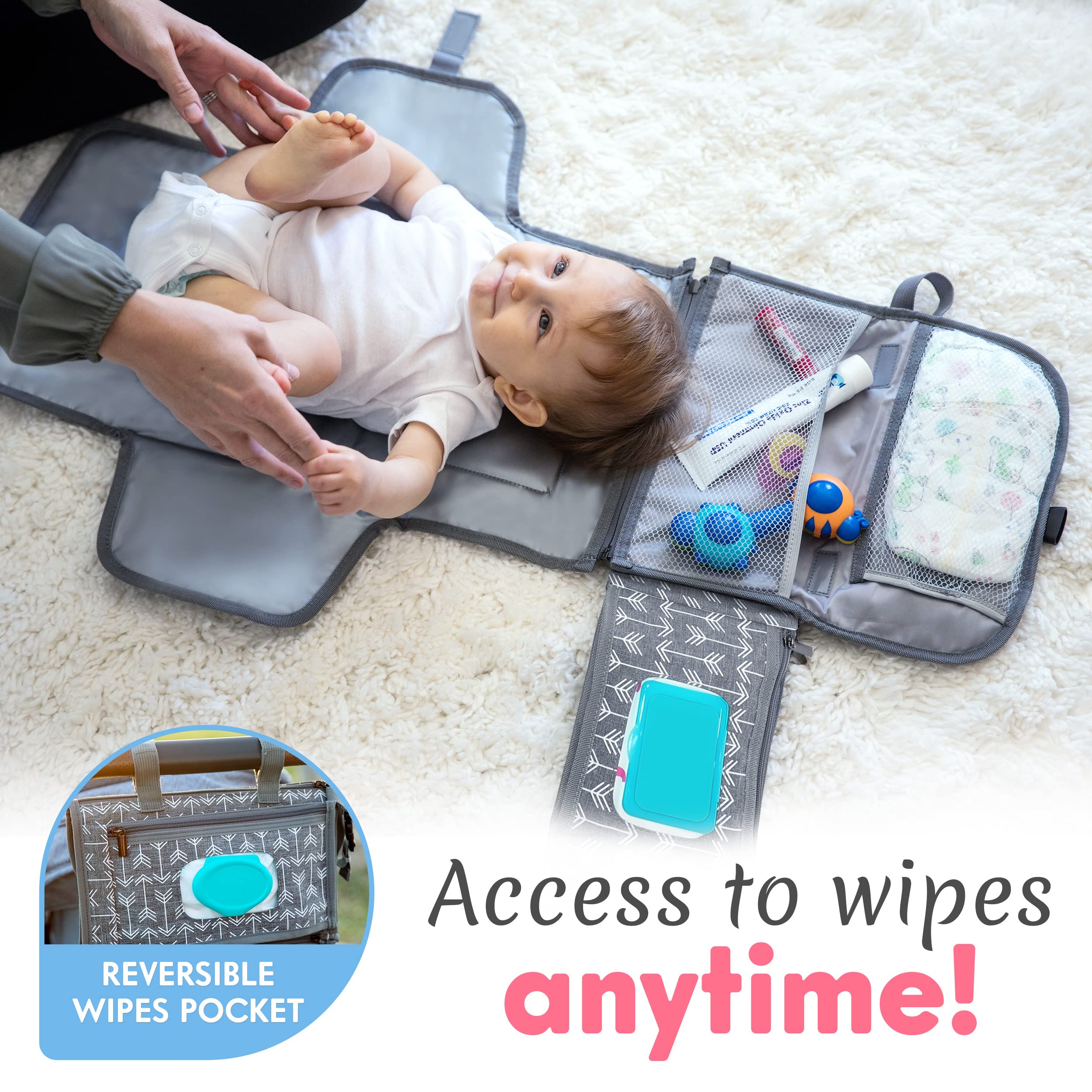 Kopi Baby travel-changing bag front pocket visible for quick, organized essential storage.