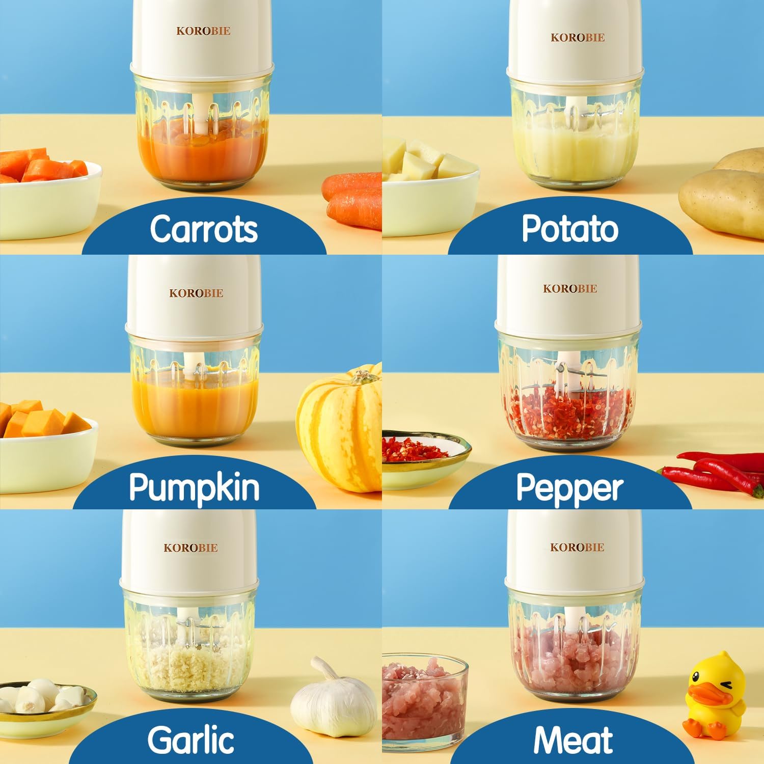 KOROBIE Baby Food Maker Mini White blades ensure fast, consistent textures for baby meals.