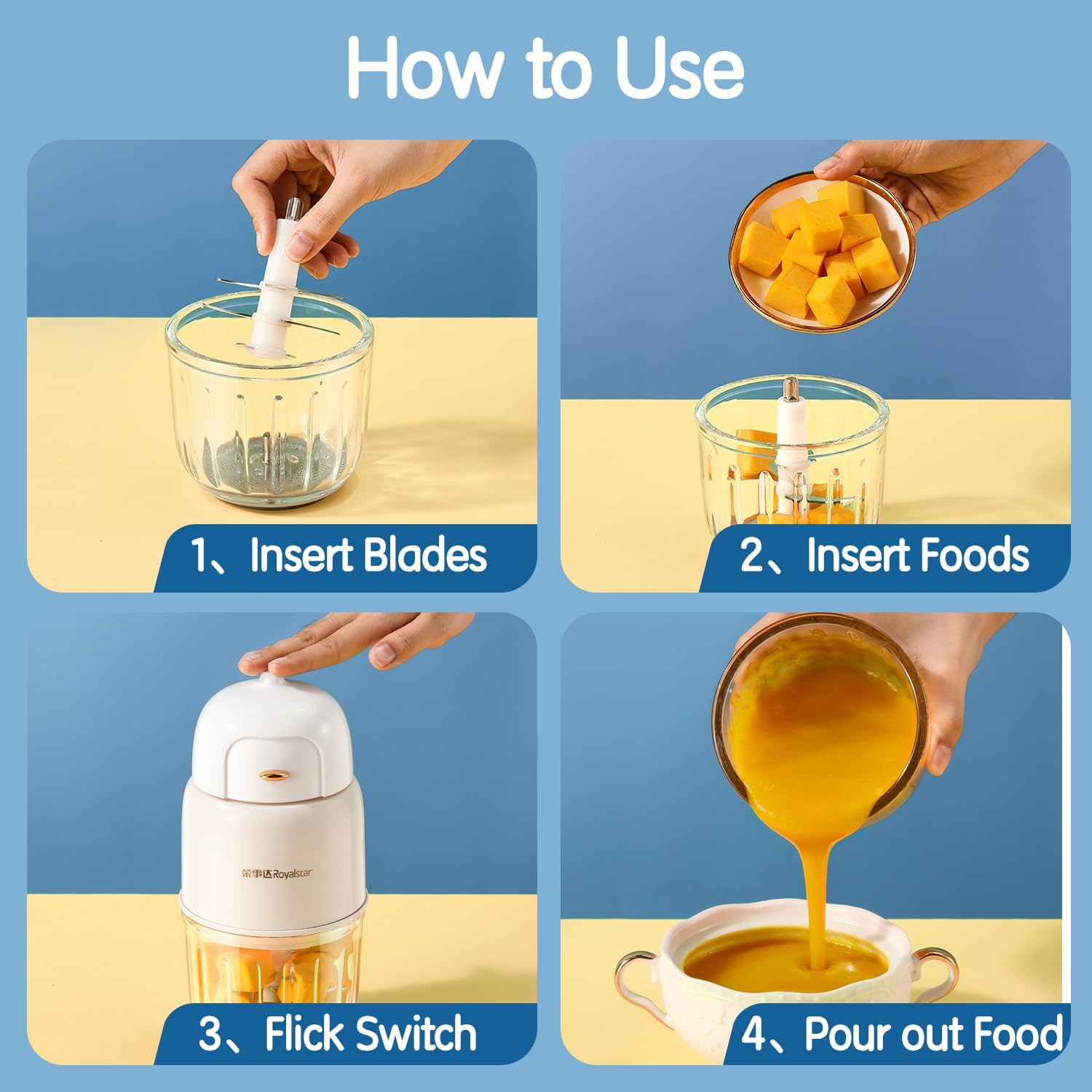 KOROBIE Baby Food Maker Mini White use-case highlights versatile meals from purees to soft solids.