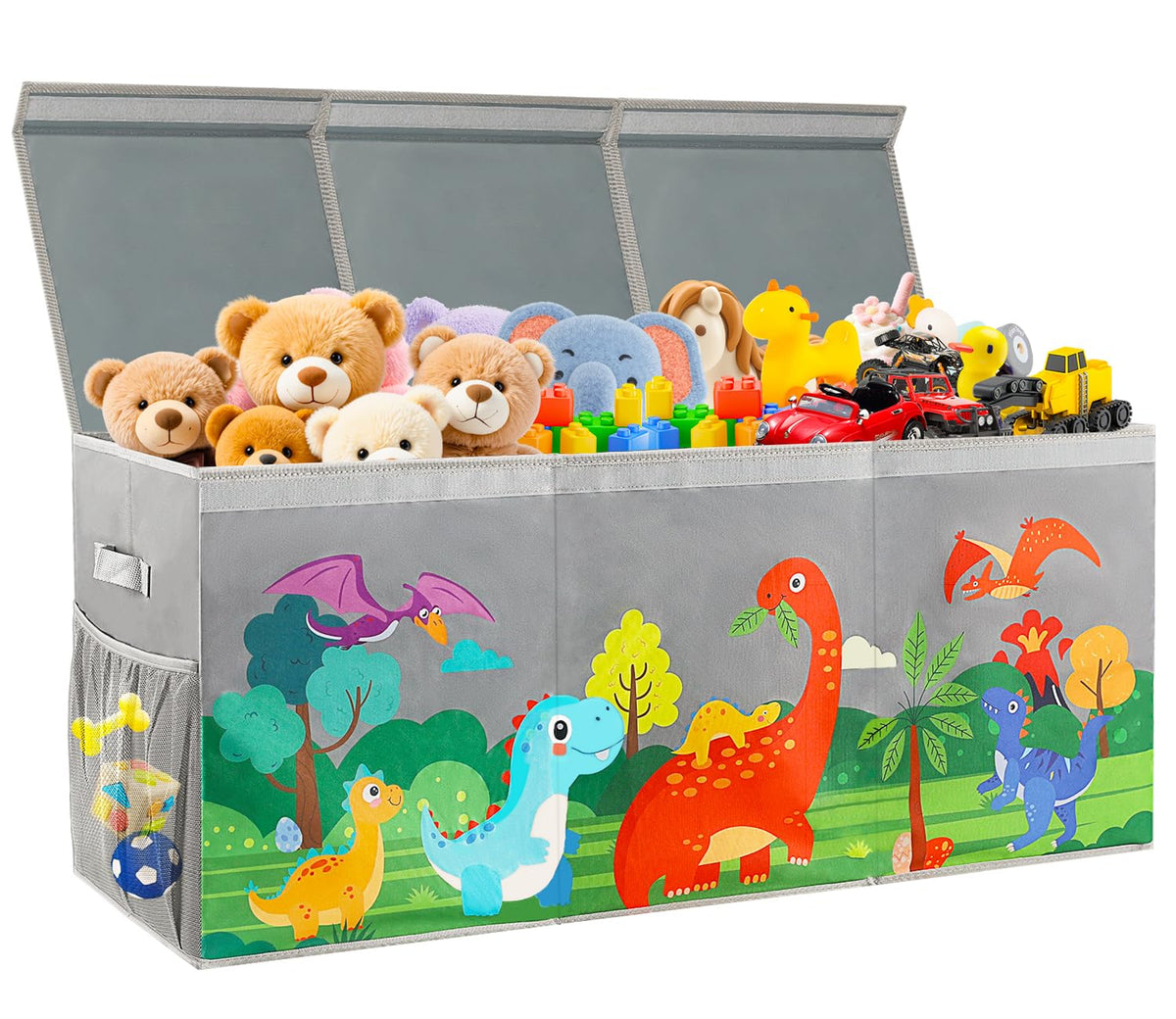 KORVAX extra-large toy box with dinosaur pattern provides roomy storage for plush toys.