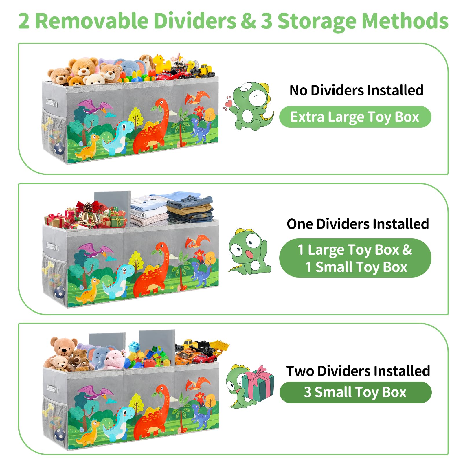 KORVAX toy box with removable dividers lets you customize storage space.