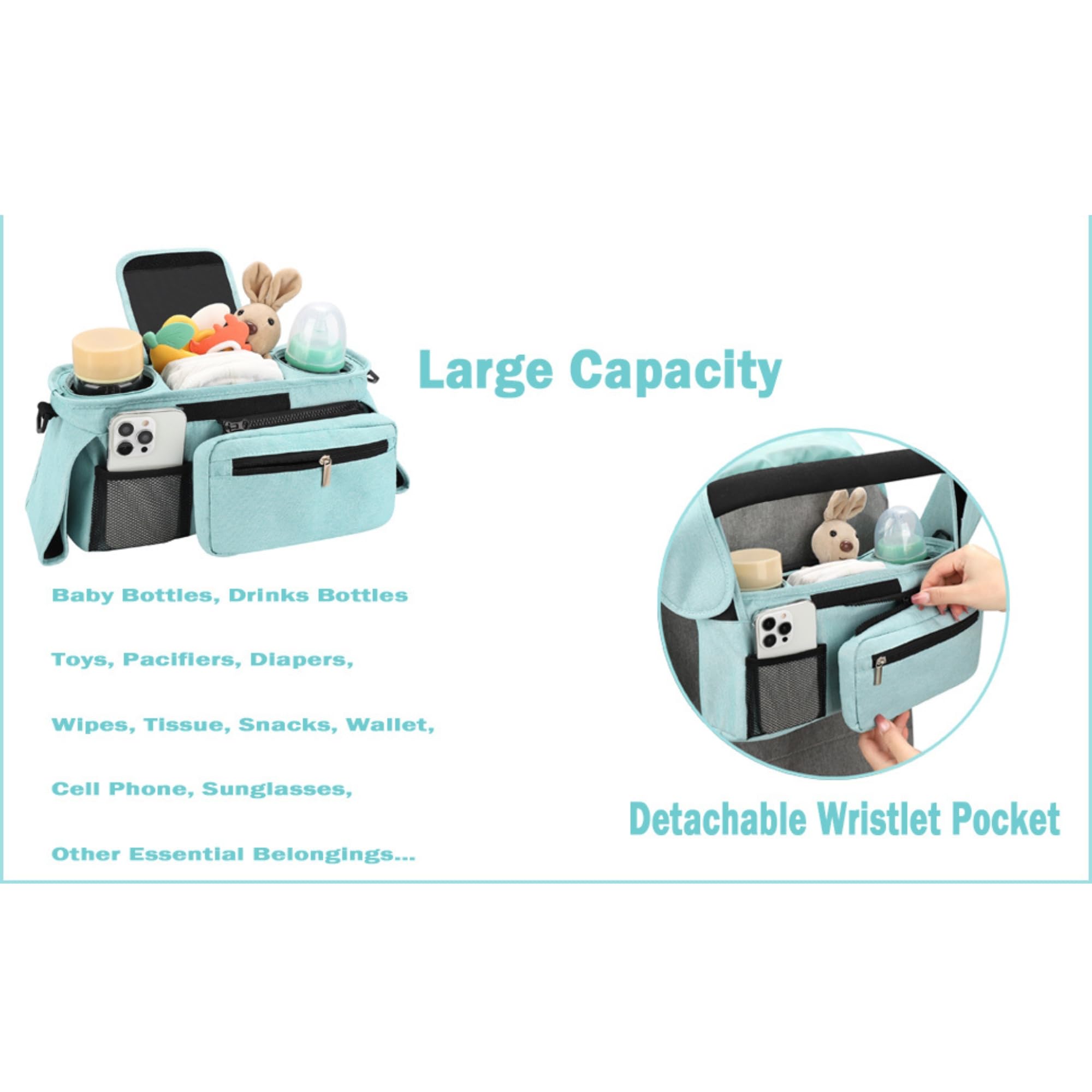 Koskids Universal Stroller Organizer blue detachable phone bag offers on-the-go device access.