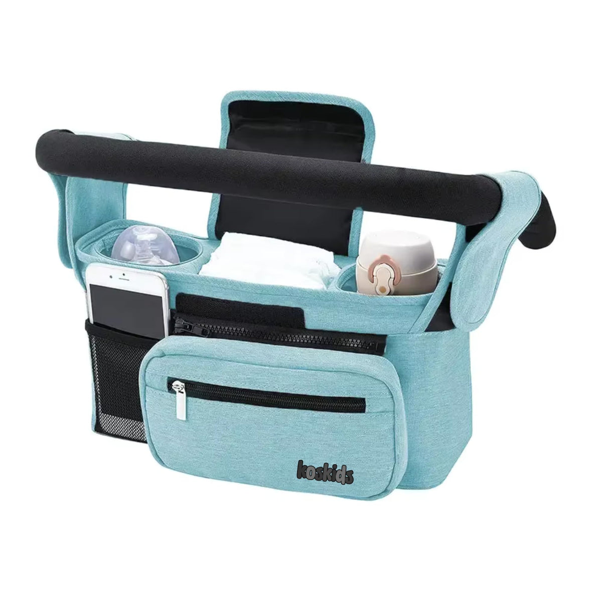 Koskids Universal Stroller Organizer blue front view shows universal compatibility and quick access to essentials.