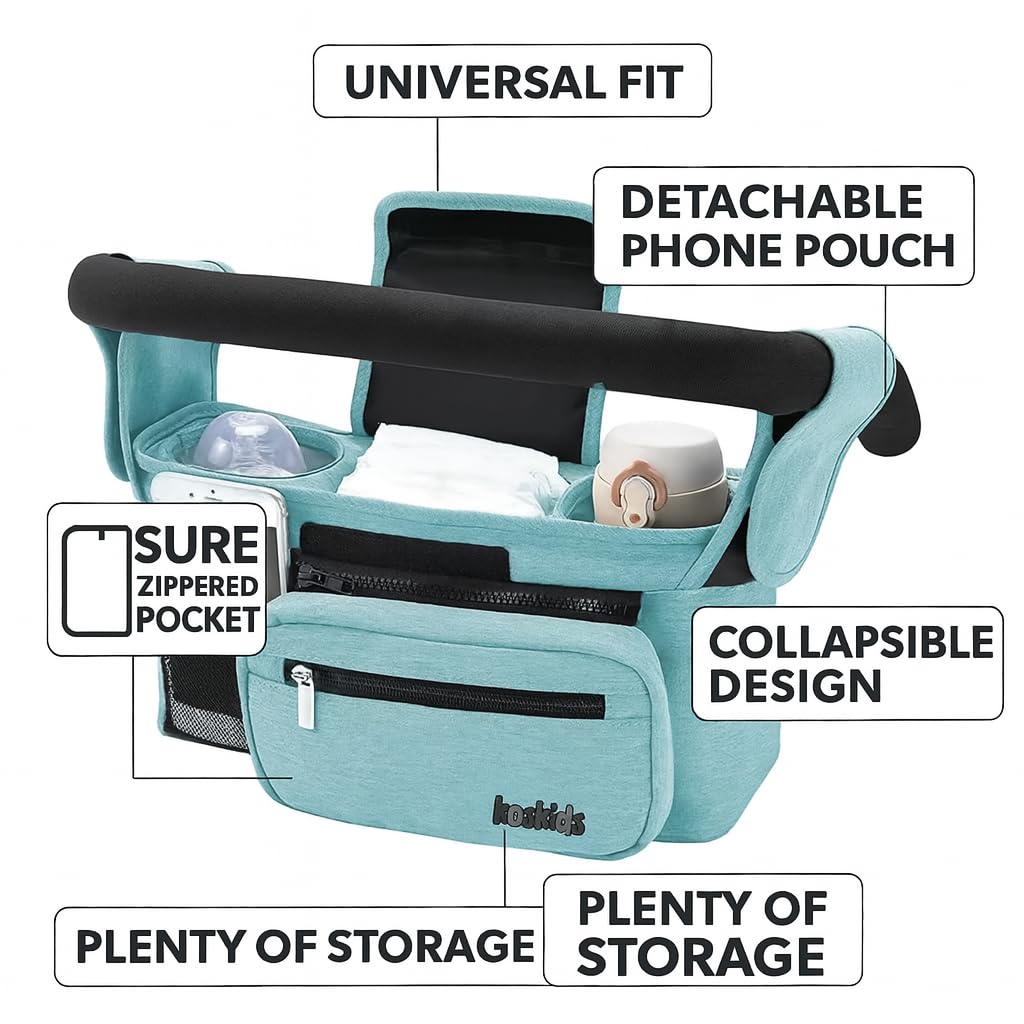 Koskids Universal Stroller Organizer blue insulated cup holders highlight drinks staying hot or cold.
