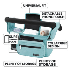 Koskids Universal Stroller Organizer blue insulated cup holders highlight drinks staying hot or cold.