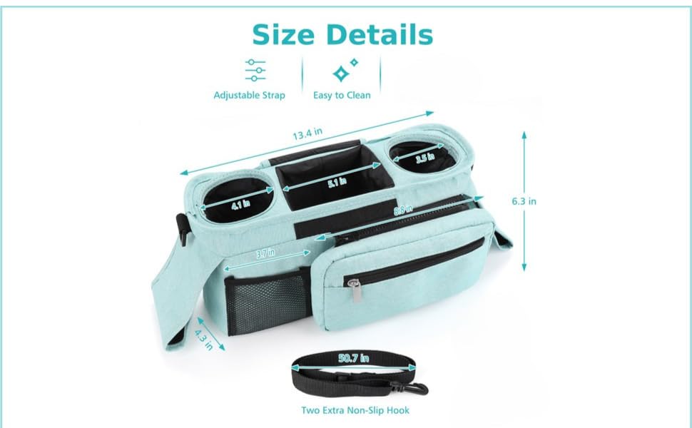 Koskids Universal Stroller Organizer blue multi-pocket storage keeps diapers, snacks, and keys organized.