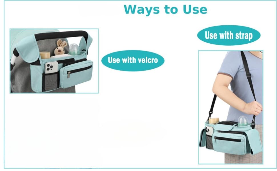 Koskids Universal Stroller Organizer blue shoulder strap enables hands-free carrying.
