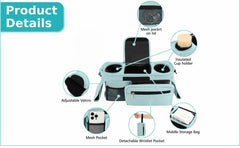 Koskids Universal Stroller Organizer blue wipes dispenser enables quick mess cleanups on outings.