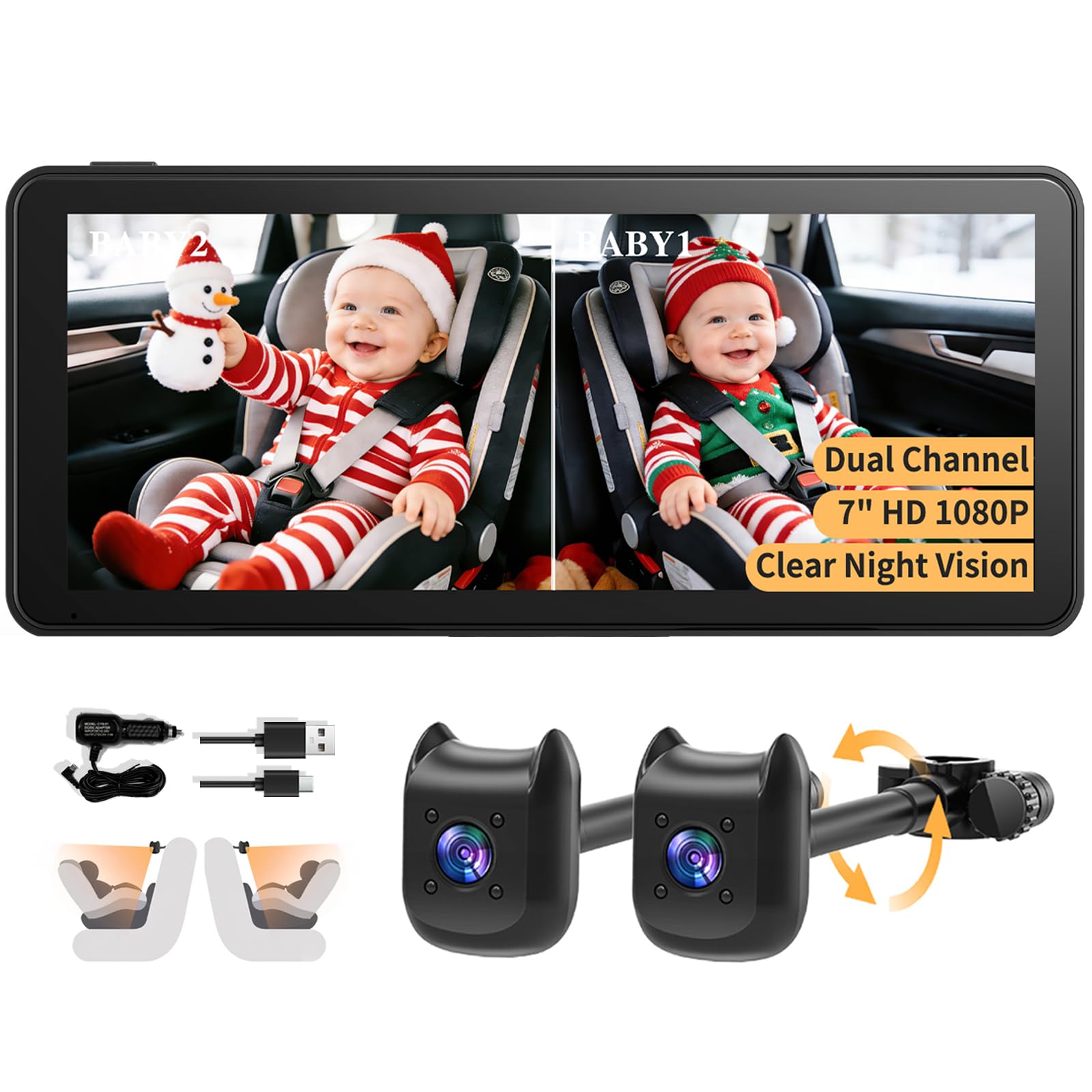 KOUENOM dual-camera monitor 6-9 inch display showing back-seat view for twins.