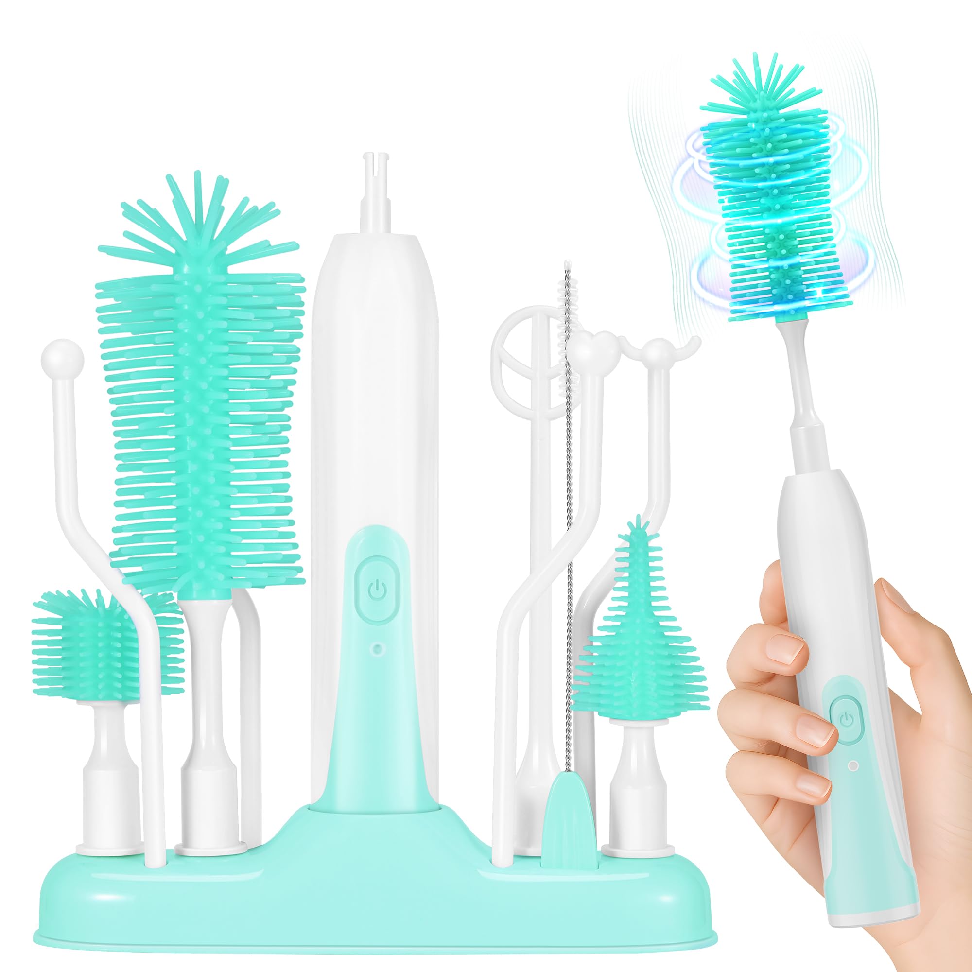 Koumolar electric bottle brush cleaner—top view demonstrates powerful cleaning for bottles.