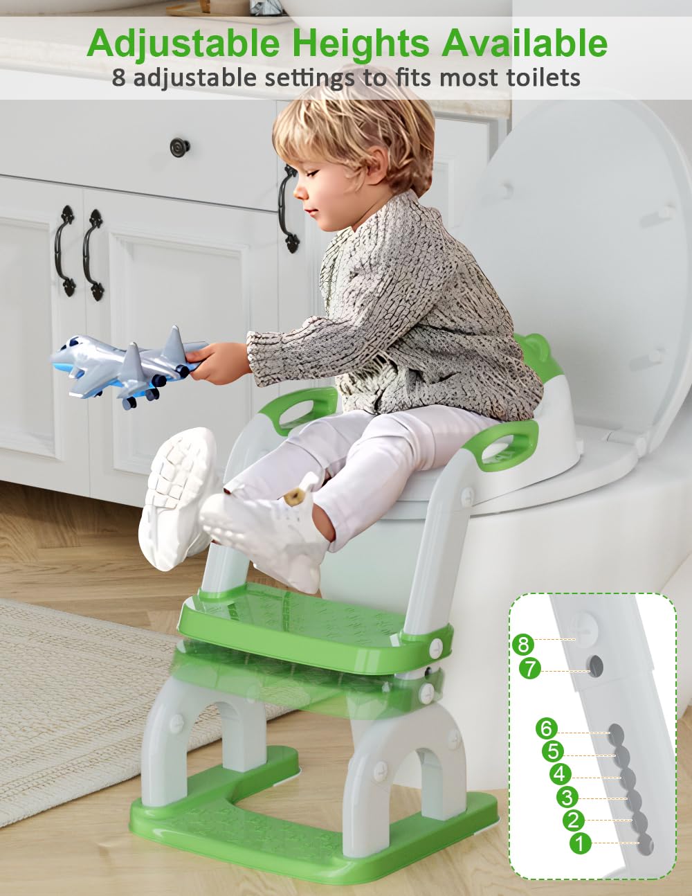 Koyosnier potty seat with 8 height positions fits growing child.